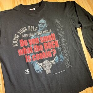 Vintage 1999 WWF The Rock Long Sleeve Shirt TNT Trau & Loevner Black Size Large